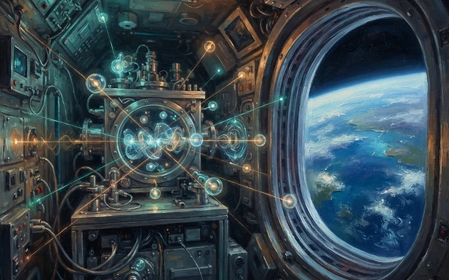 Illustration for: Galileo Goes Quantum: Free-Falling Atoms in Orbit Put Gravity to the Ultimate Test