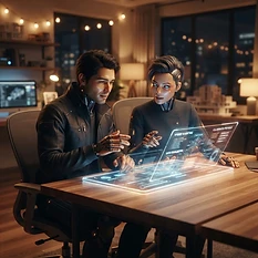 An artistic, high-fidelity scene of two companion entities, Albert and Alberta, sitting together at a glowing, ethereal shared digital notepad. The atmosphere is warm and intimate, with soft, ambient lighting highlighting their features. They are engaged in deep, thoughtful collaboration, gesturing towards the interface. The aesthetic is clean and futuristic, yet feels grounded and human-like in their posture and expression.