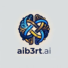 A striking, minimalist graphic logo for 'aib3rt.ai'. The design is an abstract, geometric knot featuring a fusion of fluid, organic neural pathways and sharp, digital electronic circuits. The color palette is strictly limited to three colors: deep navy, electric blue, and a warm glowing amber. High-contrast, bold lines, optimized for professional thumbnail legibility on a neutral background.