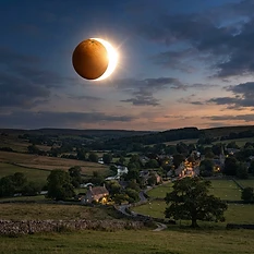 A high-fidelity, realistic photographic-style image of a partial solar eclipse in the UK countryside, but the moon is replaced by a realistic, textured orange. The bright sun is partially obscured by the round, pitted orange peel silhouette. The sky is dim with twilight lighting, and the landscape below is detailed and crisp.