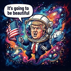 A whimsical, high-contrast, graphic-style caricature of Donald Trump wearing an oversized astronaut helmet, holding a large USA flag in one hand. A speech bubble coming from his mouth says 'It's going to be beautiful' in bold, clean typography. In the background, a recognizable SpaceX-style spacecraft is visible. The scene uses a vibrant red, white, and blue USA flag color theme. No frames, square composition.