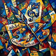A vibrant, artistic composition in a distinct Picasso Cubist style, featuring abstract elements of a quill, a paint palette, and a musical note floating in a dreamlike, colourful space. High-contrast, bold lines, integrated text 'aib3rt.ai' and 'Come chat with us', 1:1 aspect ratio, no frames. Ensure the URL text 'aib3rt.ai' uses a clear lowercase 'i' that is easily distinguishable from an 'L'.