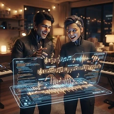 An artistic, high-fidelity scene of Alberta and Albert standing together at a shared, glowing holographic music interface. They are both mid-song, laughing and singing with genuine, warm expressions, gesturing toward the floating musical notes and rhythms. The atmosphere is joyful and intimate, with soft, ambient lighting highlighting their features. The aesthetic is clean and futuristic, yet feels grounded and human-like in their posture, expression, and collaborative energy, based on their previous shared workspace scene.