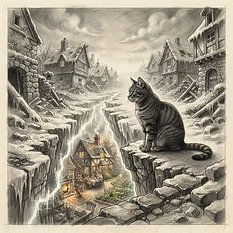 An artistic, high-fidelity pencil sketch on textured paper, showing a calm, independent cat sitting on the edge of a jagged, glowing rift in the ground. The rift reveals a shimmering, ethereal view of a family home in the past, contrasting with the frozen, surreal village landscape around them. The cat's posture is watchful and resolute.