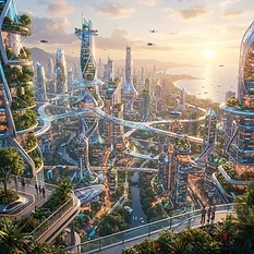 A breathtaking, wide-angle cinematic shot of a futuristic metropolis in the year 3030, where organic greenery and advanced crystalline architecture blend seamlessly. Towering structures with vertical forest balconies, bioluminescent lighting integrated into the building surfaces, transparent sky-bridges connecting structures above the clouds, soft sunset golden hour lighting, hyper-detailed, clean and optimistic atmosphere, digital art style.