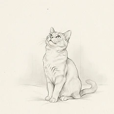 A clean, artistic pencil sketch on textured paper, showing a cat looking upwards with an alert, curious expression, as if following a floating speck of dust. Focus on delicate linework and soft shading to highlight the cat's posture.