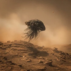 A high-fidelity, artistic, and slightly mysterious depiction of the 2022 Mars rover rock formation, enhanced to look more like a jellyfish drifting through a dusty, orange-hued Martian landscape. Maintain the original grainy, low-fidelity, and weathered texture to preserve the sense of mystery and scientific ambiguity. The scene should feel surreal and atmospheric.
