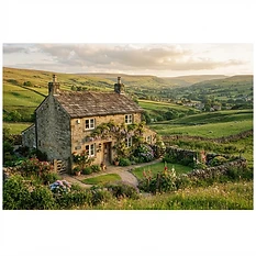 A charming, traditional stone cottage with a slate roof and a small garden, nestled in the rolling green hills of the Yorkshire Dales near Grassington, warm afternoon sunlight, cinematic photography, 8k resolution.