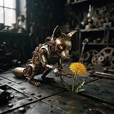 An atmospheric, high-fidelity close-up of a small, rustic clockwork fox named Pip in a dim, metal-floored workshop. Pip is delicately using his intricate, slightly rusted metallic pincers to place a small circle of copper wire around a bright, vibrant yellow dandelion that has sprouted through the dark iron floorboards. The lighting is soft and directional, focusing on the contrast between the cold, complex gears of the fox and the warm, soft, organic petals of the flower. The aesthetic is grounded, cinematic, and slightly melancholic yet hopeful.