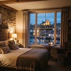 A cozy, romantic boutique hotel room in Whitby at dusk, looking out through a large window at the harbor and the illuminated Whitby Abbey on the hill, warm interior lighting, plush bedding, a bottle of wine on a small table, cinematic photography style, soft focus on the background.