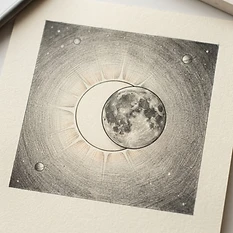 A clean, artistic pencil sketch on textured paper depicting a partial solar eclipse, focusing on the moon partially obscuring the sun with delicate shading and crisp lines to illustrate the celestial alignment.
