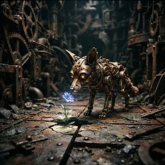 A mechanical fox with intricate, rusted brass and copper gears visible, standing on an old, cracked iron floor of a forgotten clockwork city, curiously sniffing a single, vibrant, delicate flower pushing up through a gap in the metal, set against a background of dimly lit, ancient machinery, high-contrast, artistic style.