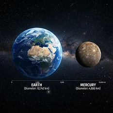 A side-by-side scale comparison of Earth and Mercury in space, emphasizing the significant size difference between the two planets with a dark, starry background.