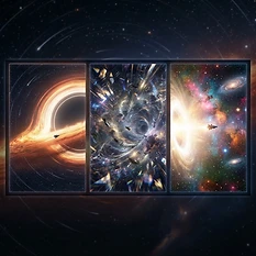 A triptych art piece showing a journey through a black hole. Left panel: Approaching a massive, glowing accretion disk, stars bending around the dark silhouette of the event horizon. Center panel: A surreal, abstract interior view with intense, swirling gravitational distortions, fractured light, and warped spacetime. Right panel: The exit, a bright, emergent white hole pouring light and energy into a new, vibrant sector of space. High-fidelity, cinematic, and awe-inspiring.