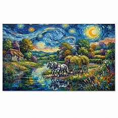 A modern, vibrant reinterpretation of a haywain in a rural river scene, featuring bold, high-contrast colours and a dramatic, expressive sky painted in the distinct swirling, textured style of Vincent van Gogh.