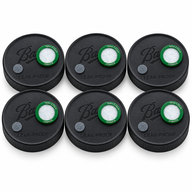 Wide-Mouth Liquid Culture Jar Lids with Syringe Filters and Injection Ports | 6-Pack