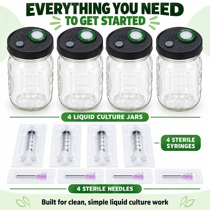 Everything you need to get started: four liquid culture jars, four filter lids, four sterile syringes, and four sterile needles