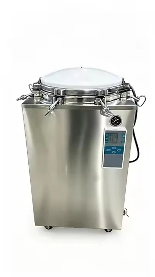 Front view of the Bonsai 150L commercial autoclave with its digital control panel and pressure gauge