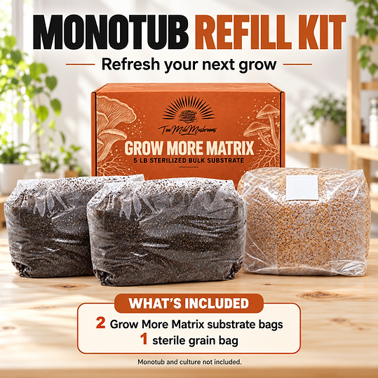 What's included: two Grow More Matrix substrate bags and one sterile grain bag