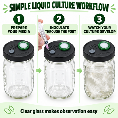 Simple liquid culture workflow: prepare your media, inoculate through the port, and watch your culture develop