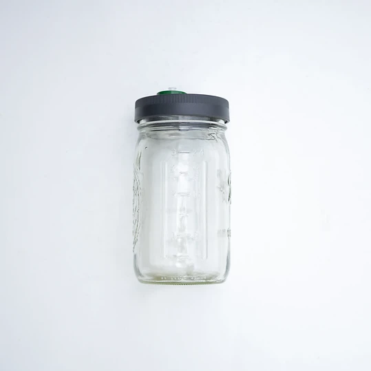A black wide-mouth liquid culture lid screwed onto a clear glass wide-mouth Mason jar, viewed from above