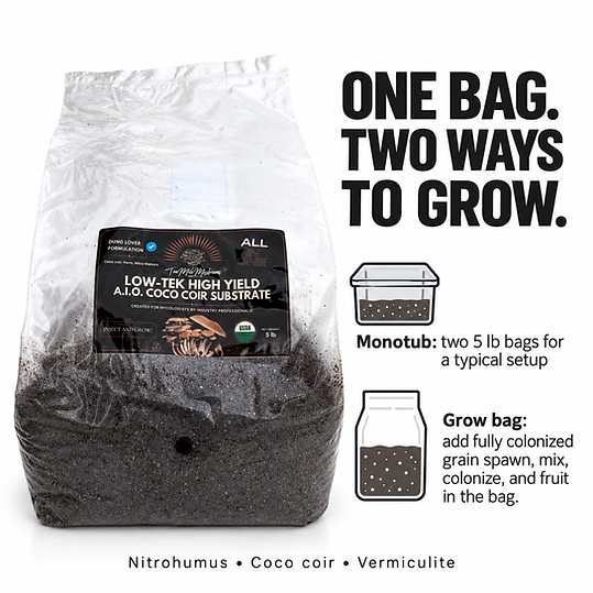 Diagram showing two ways to grow: a monotub with two 5 lb substrate bags, or a vertical grow bag