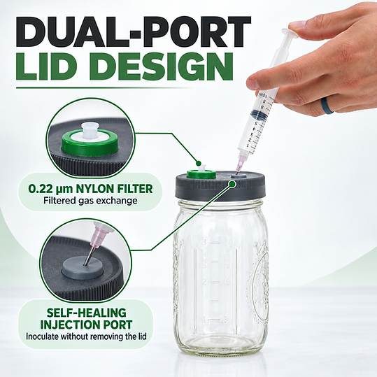 Dual-port lid design: a syringe needle inserted into the self-healing injection port, with callouts for the 0.22 μm nylon filter and the injection port