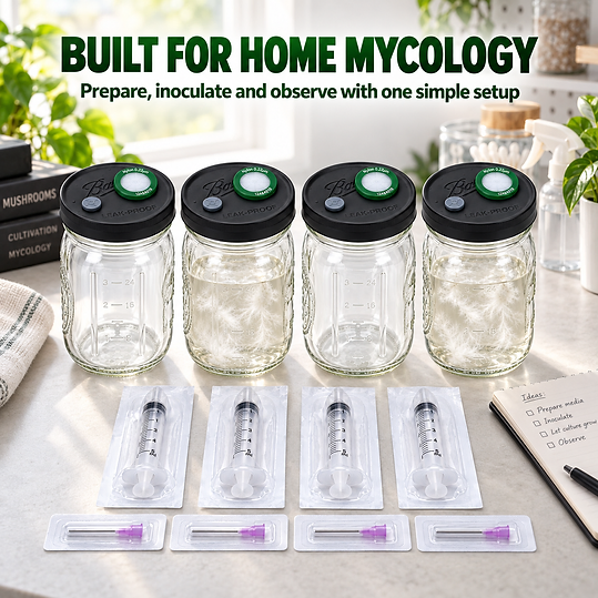 Four liquid culture jars with filter lids on a kitchen counter, ready for separate cultures