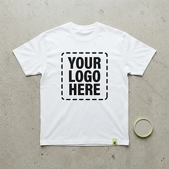 White tee with Your Logo Here placeholder