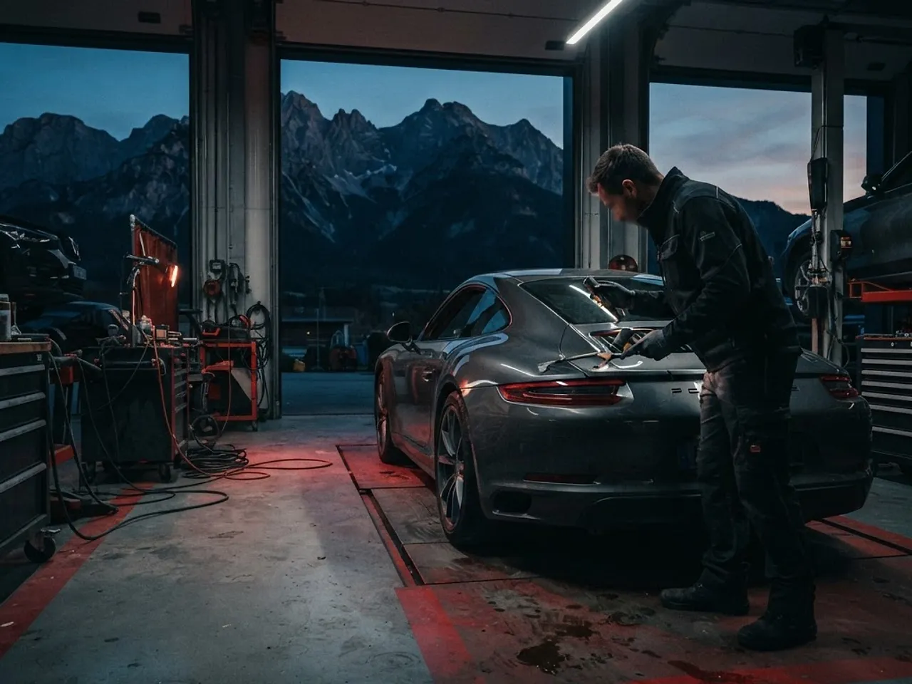 Technician inspecting a vehicle in a clean modern collision repair bay with mountain backdrop