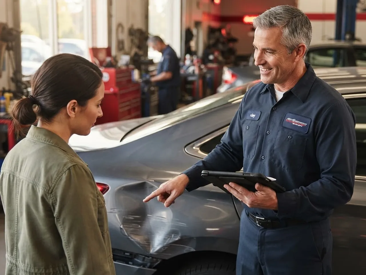 Estimator reviewing vehicle damage with a customer in a collision shop