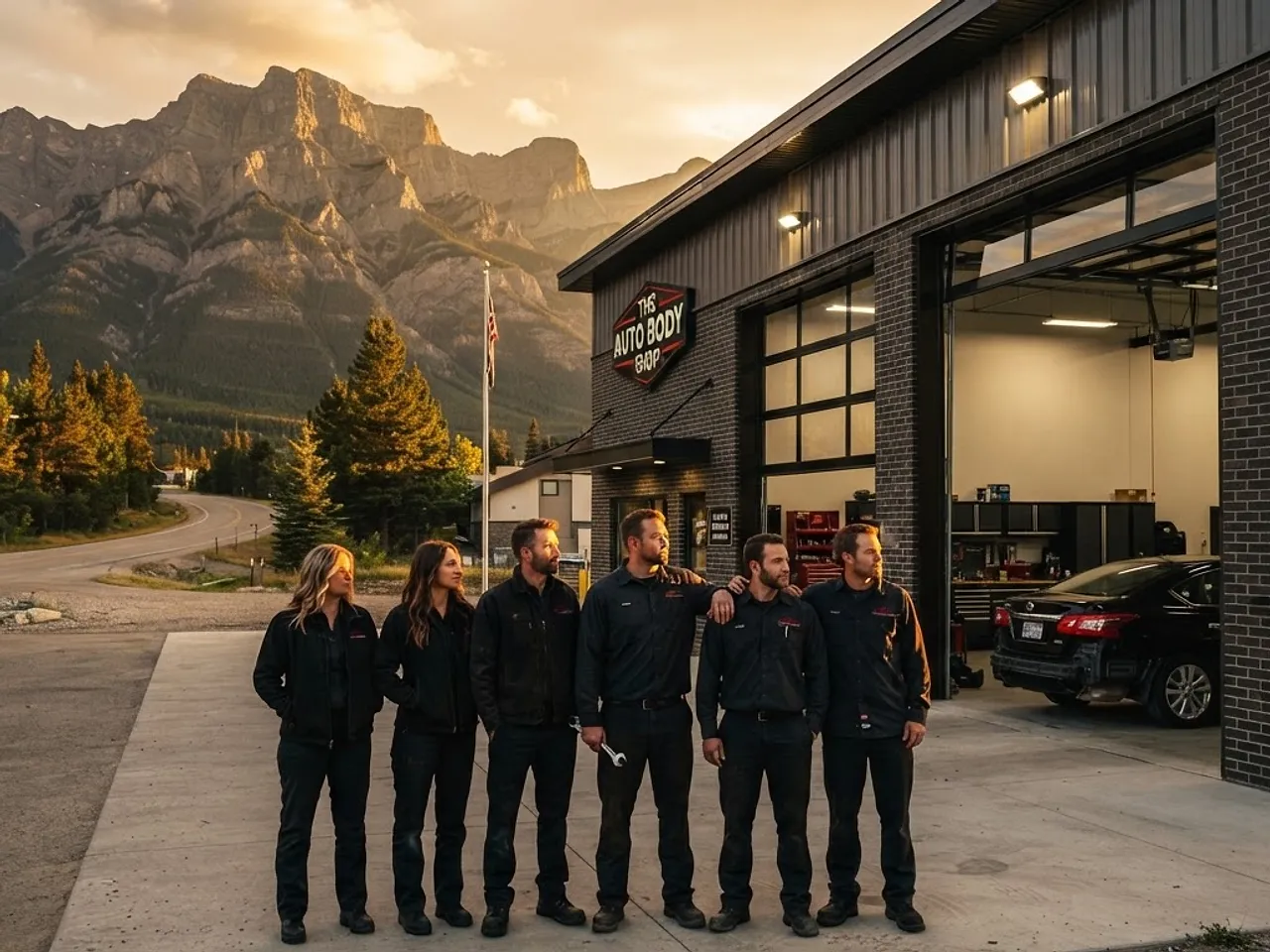 Legacy Collision Center team and facility exterior with a mountain backdrop