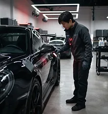 Process step: technician performing a final quality-control walk-around on a finished, freshly detailed vehicle