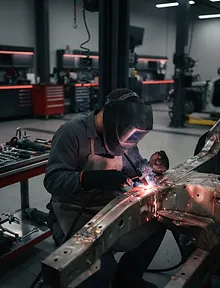 Process step: technician performing structural repair work on a vehicle in a modern, organized collision bay
