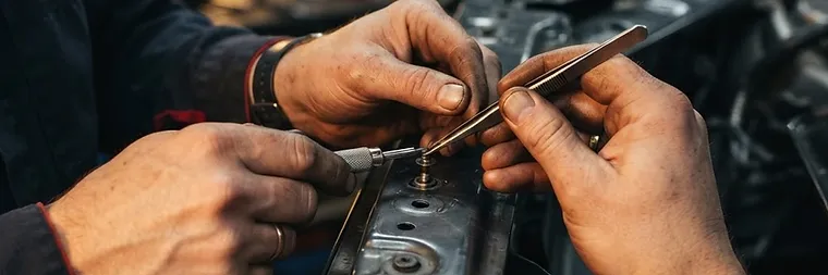 Technician performing precise, careful work on a vehicle panel