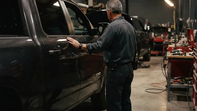 Technician with a finished repair at Legacy Collision Center in Farmington, NM