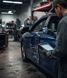 Process step: technician documenting vehicle damage on a tablet, clear and professional, for insurance coordination