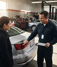 Process step: estimator carefully reviewing vehicle damage with a customer in a clean, professional shop environment