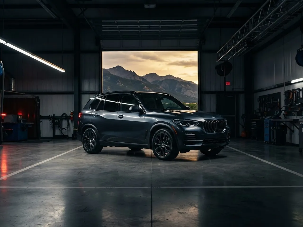 Pristine modern vehicle in a clean professional collision repair bay with mountain backdrop