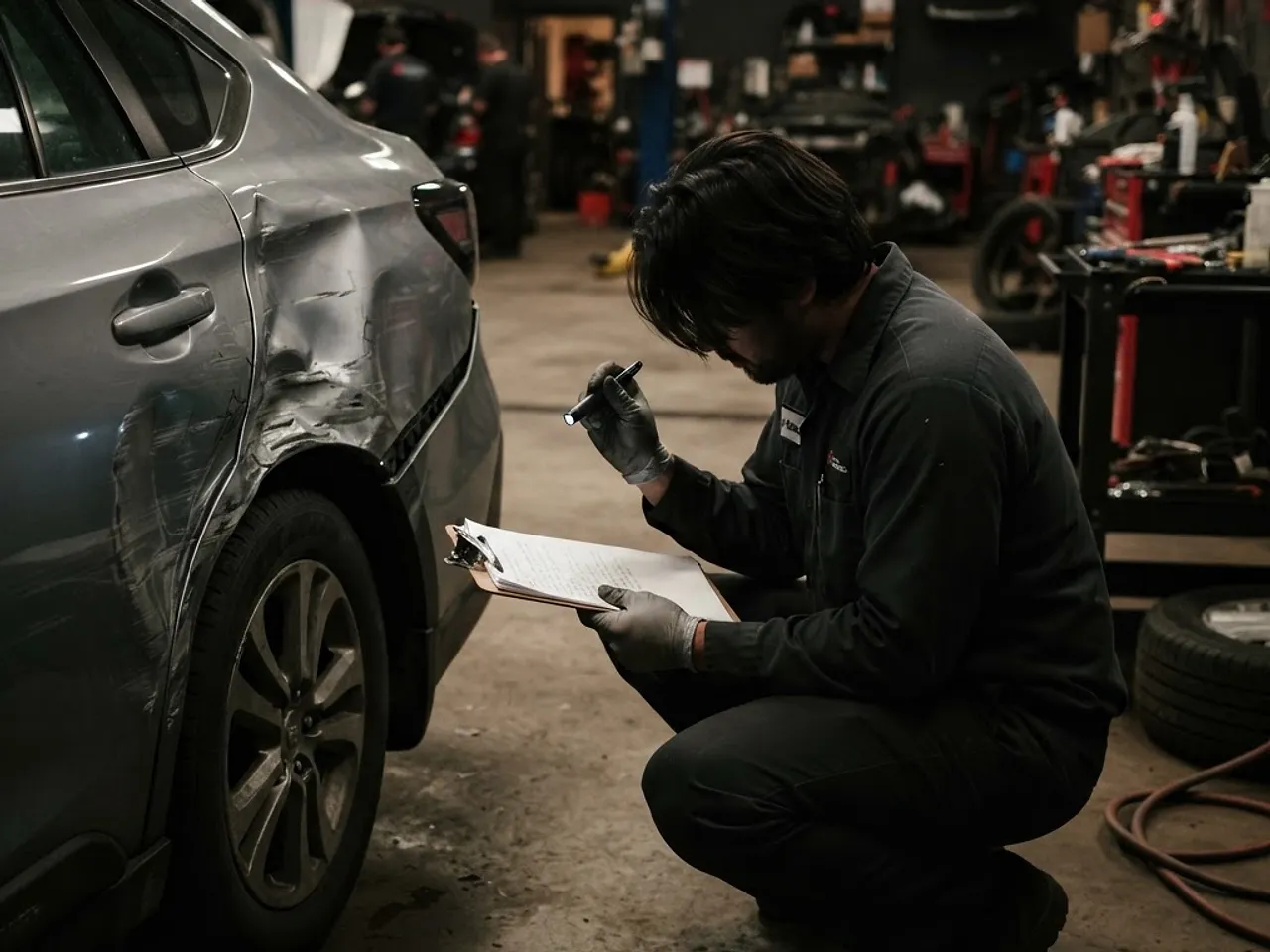 Technician carefully inspecting and documenting vehicle damage in a collision shop