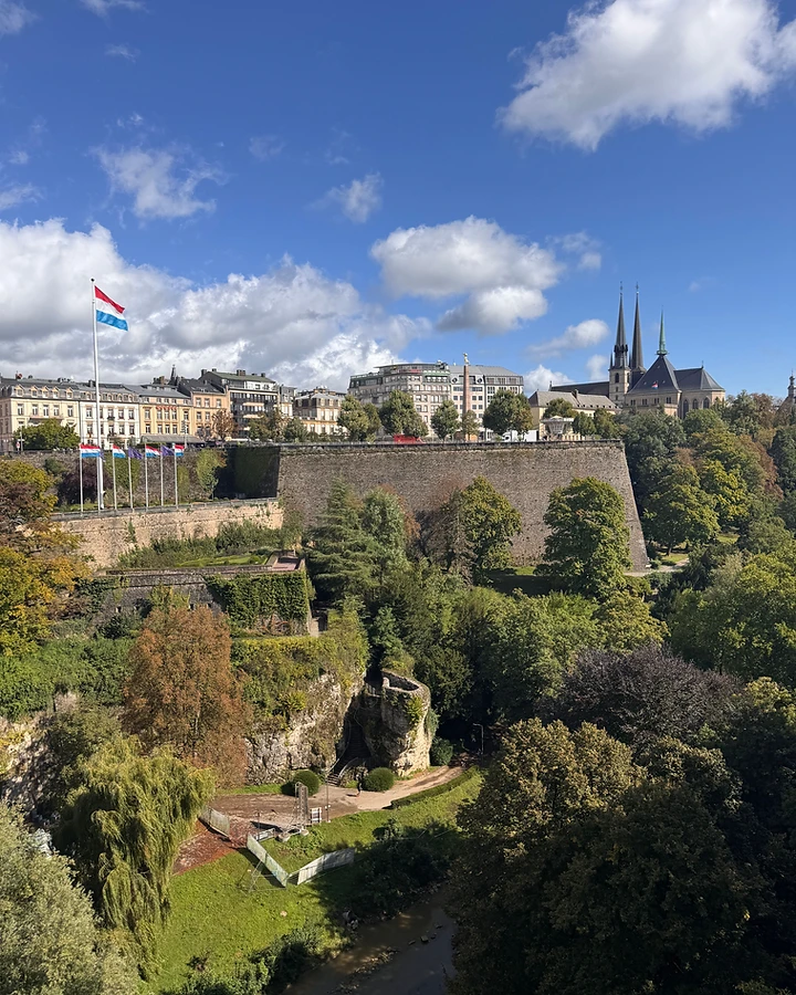 Luxembourg City — Grund district with cathedral spire and fortifications