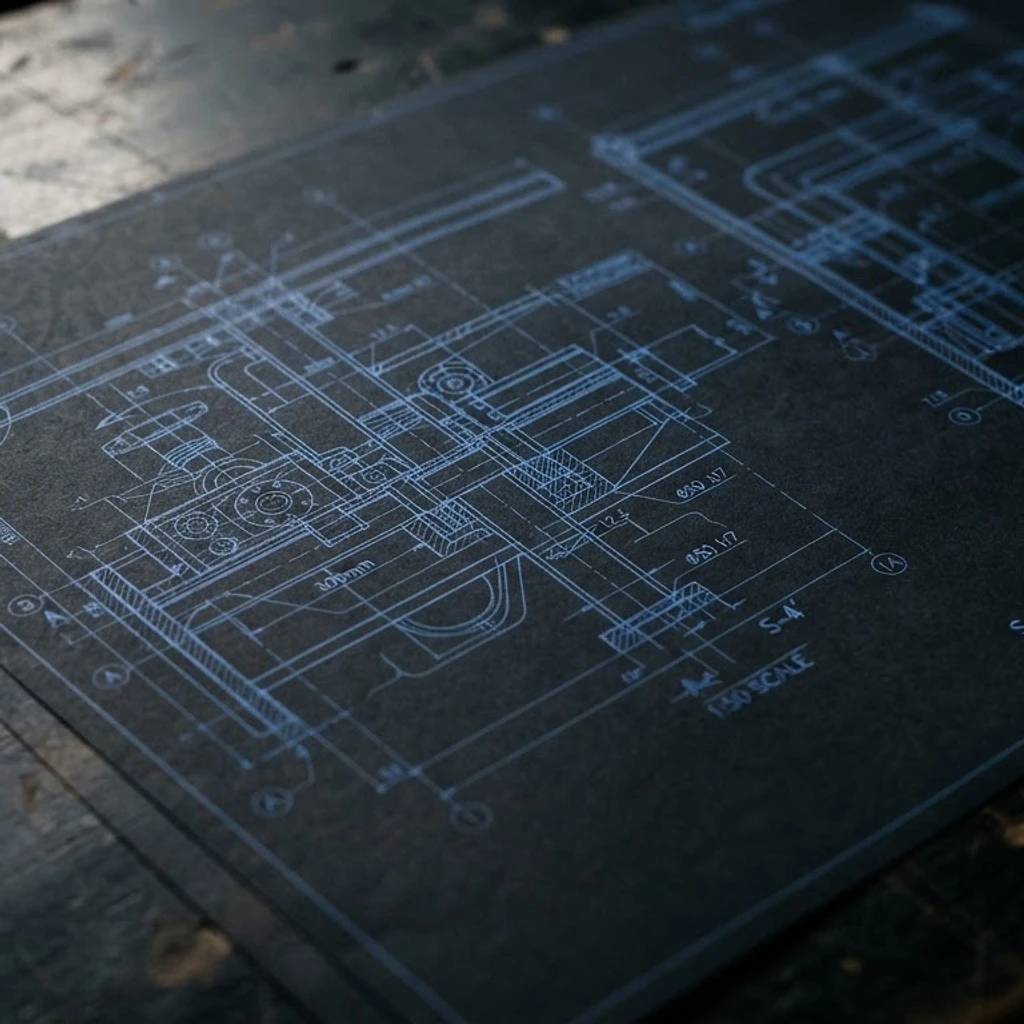 Close-up of an engineering blueprint with precise technical line work on a dark slate drafting surface.