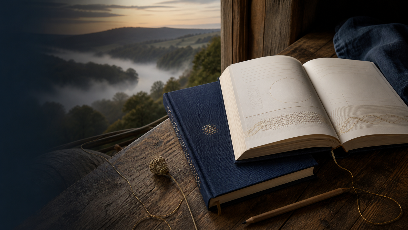 An open clothbound journal on a wooden table overlooking a river valley at dawn