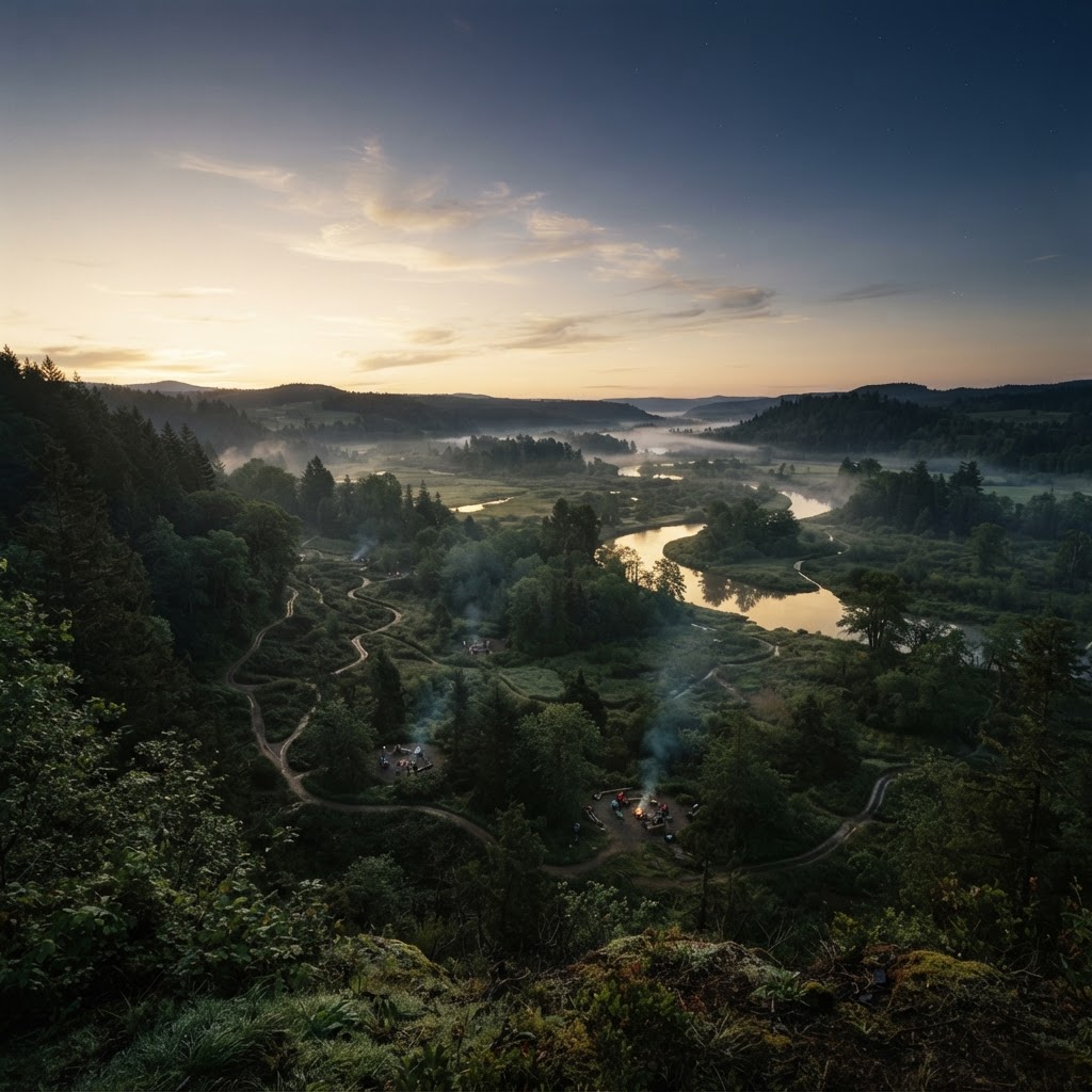 A living landscape of rivers, woven paths, forests, and people gathering in circles at dawn