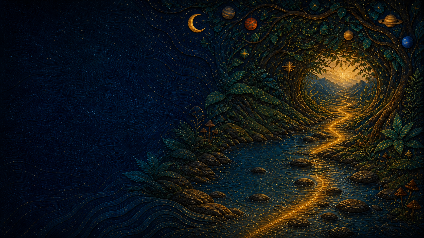 A living landscape of rivers, woven paths, forests, and people gathering in circles at dawn