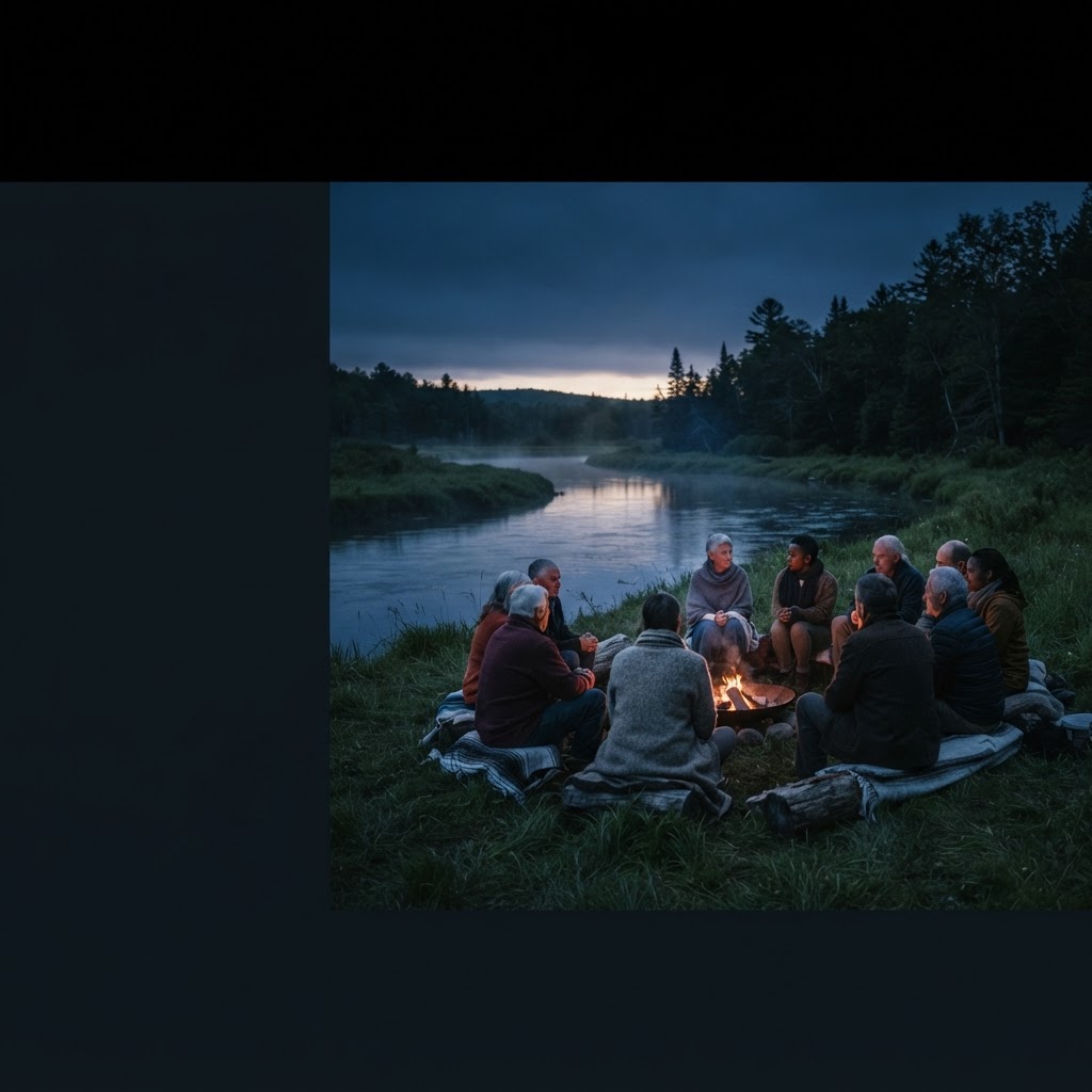 A diverse group gathered in a quiet circle beside a river at twilight