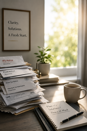 A desk with stacked IRS and state tax notices beside a notebook of resolution plans