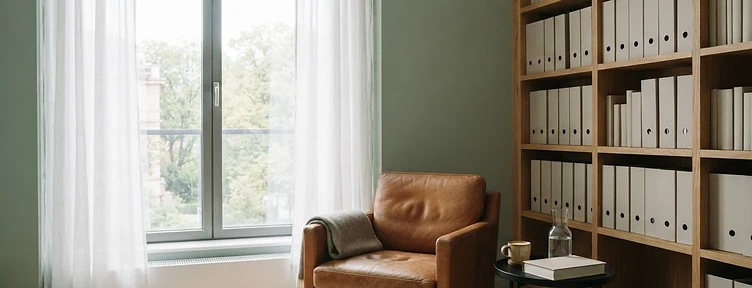 A quiet office reading nook with soft natural light