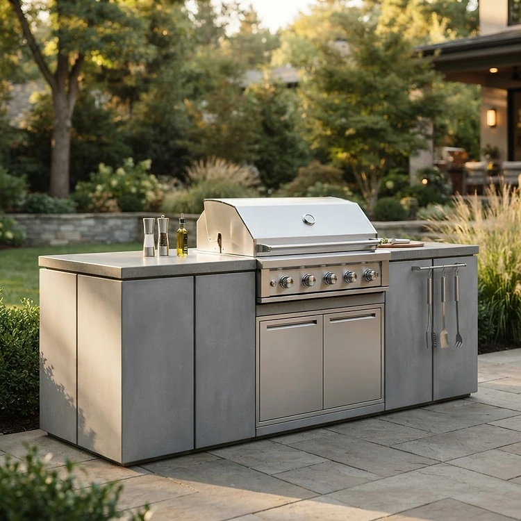 Belgard Artforms 32-inch grill island with sleek modular concrete panels and built-in stainless steel grill