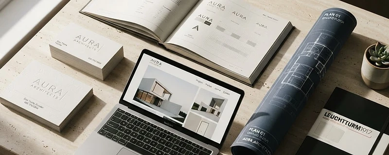 Editorial still life of premium branding materials on a warm stone surface